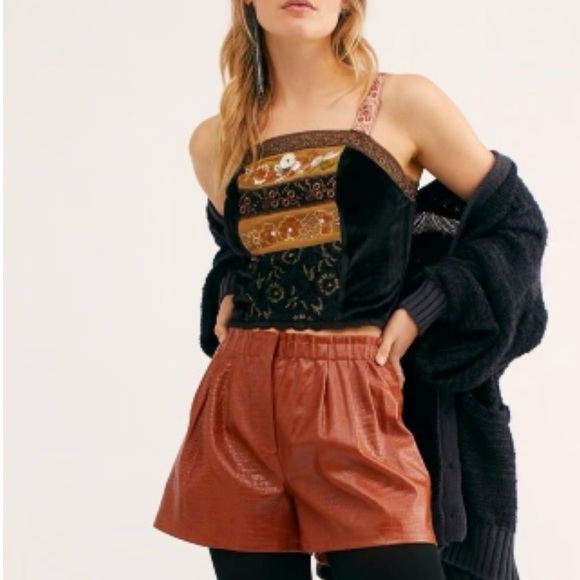 Free People Hold Me Close Embroidered Black Gold Velvet Tank Top Size: Medium - Picture 9 of 10